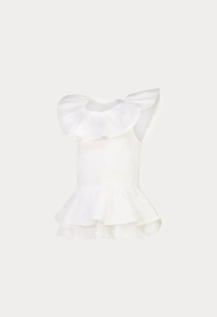 Ruffle Trim Smoking Scallop Overlay Blouse