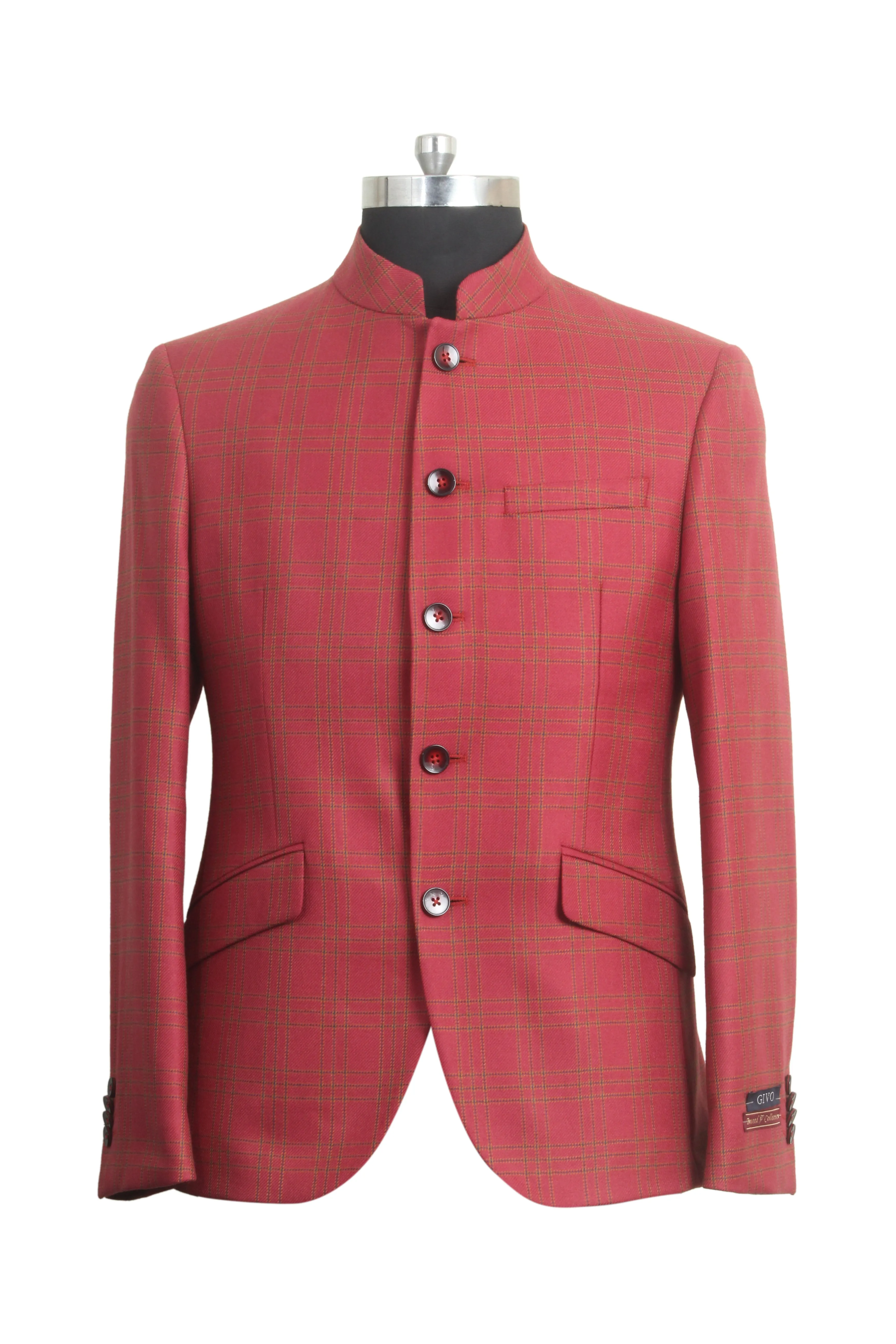Rust Tweed Check Band Collar Jacket