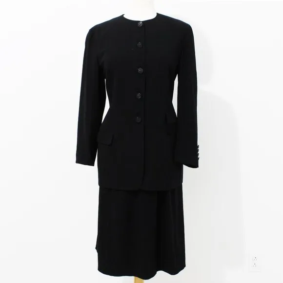 Salvatore Ferragamo Suit Jacket Skirt 2pc Set Black Wool EU 46 Italy