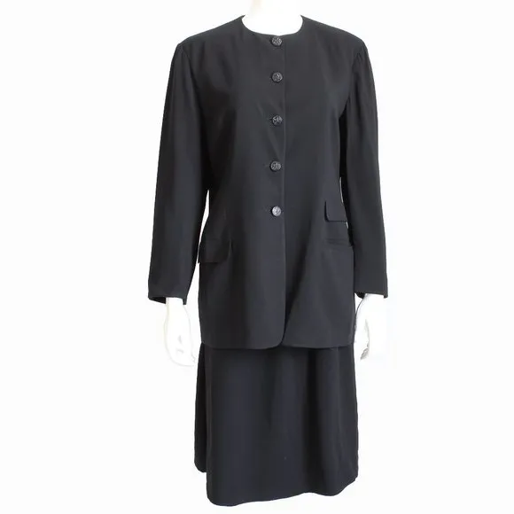 Salvatore Ferragamo Suit Jacket Skirt 2pc Set Black Wool EU 46 Italy