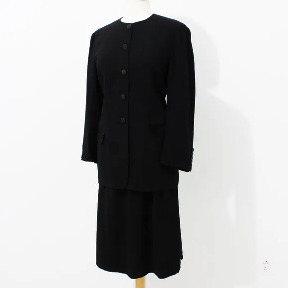 Salvatore Ferragamo Suit Jacket Skirt 2pc Set Black Wool EU 46 Italy