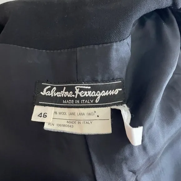 Salvatore Ferragamo Suit Jacket Skirt 2pc Set Black Wool EU 46 Italy