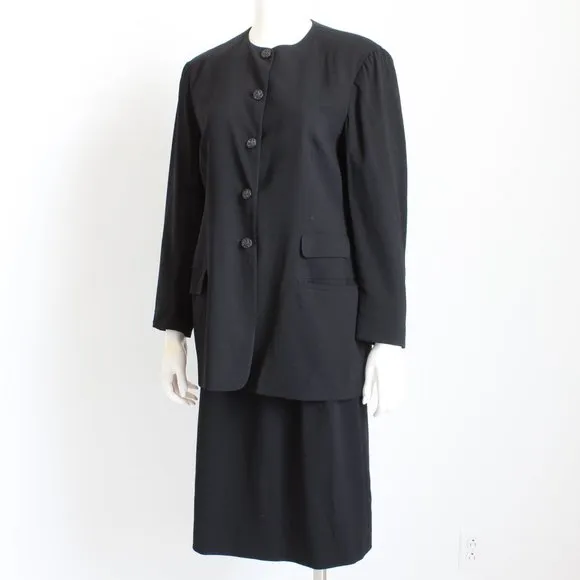 Salvatore Ferragamo Suit Jacket Skirt 2pc Set Black Wool EU 46 Italy