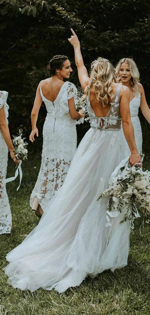 See Through Tulle V-neck Lace Ivory V-back Beach Wedding Dresses,MW329