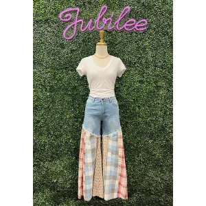 Senna Flare Washed Denim Plaid Mix Pants