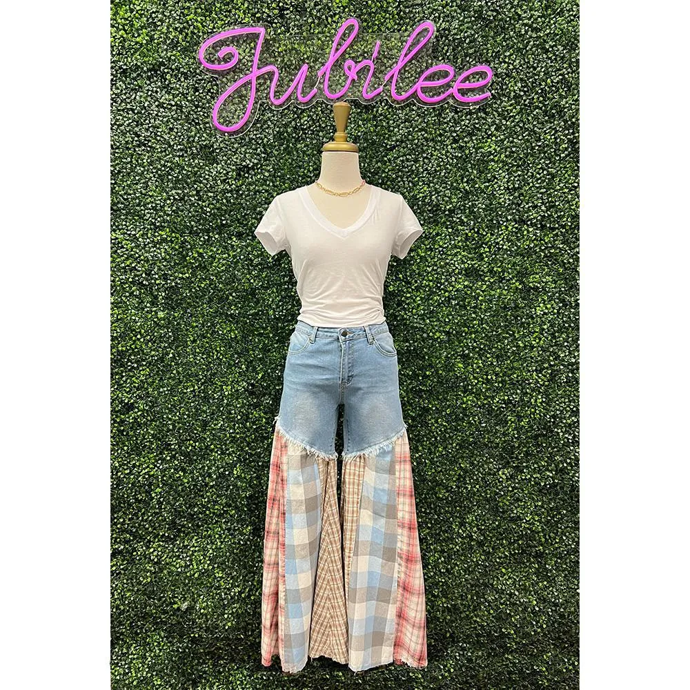 Senna Flare Washed Denim Plaid Mix Pants