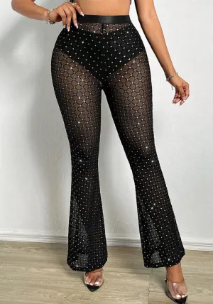 Sexy Rhinestone-Embellished Mesh See-Through Flared Pants