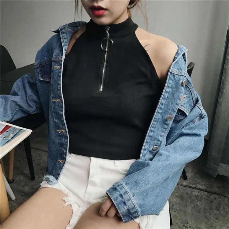 Sexy Sleeveless High Collar Zipper Crop Tops