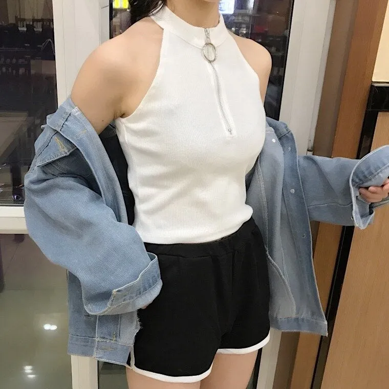 Sexy Sleeveless High Collar Zipper Crop Tops