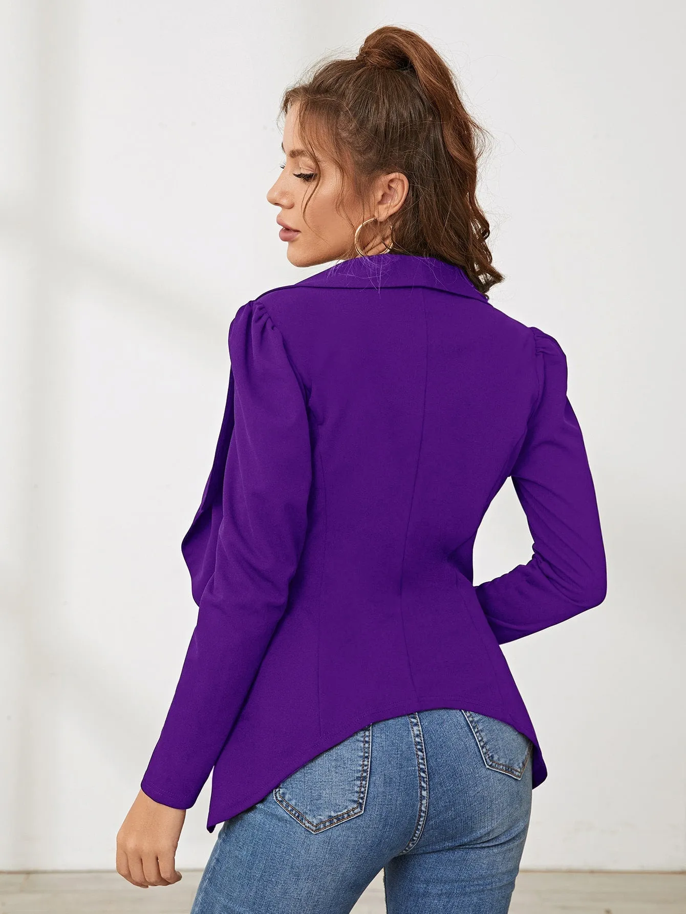 Shawl Collar Puff Sleeve Asymmetrical Hem Blazer