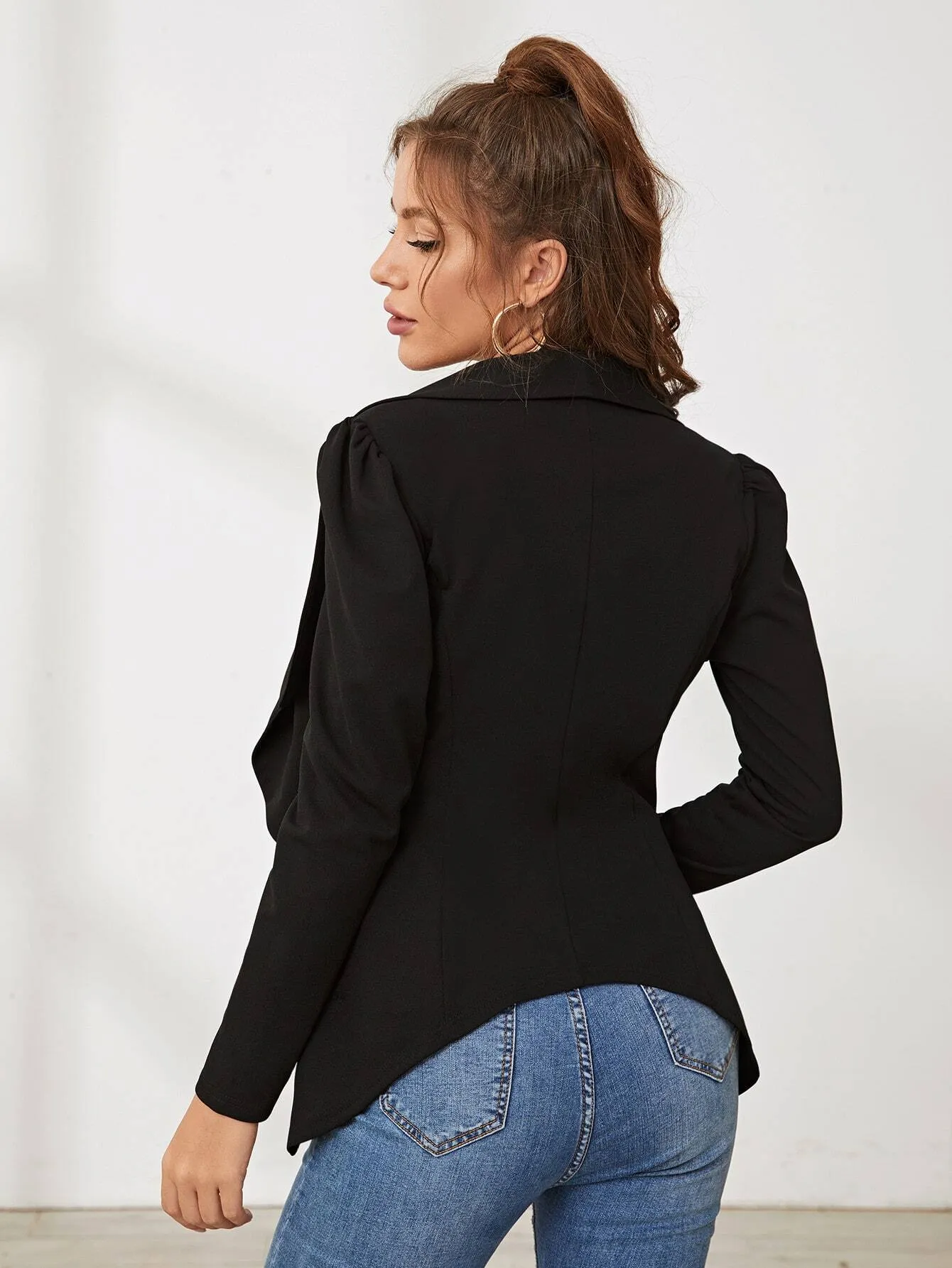 Shawl Collar Puff Sleeve Asymmetrical Hem Blazer