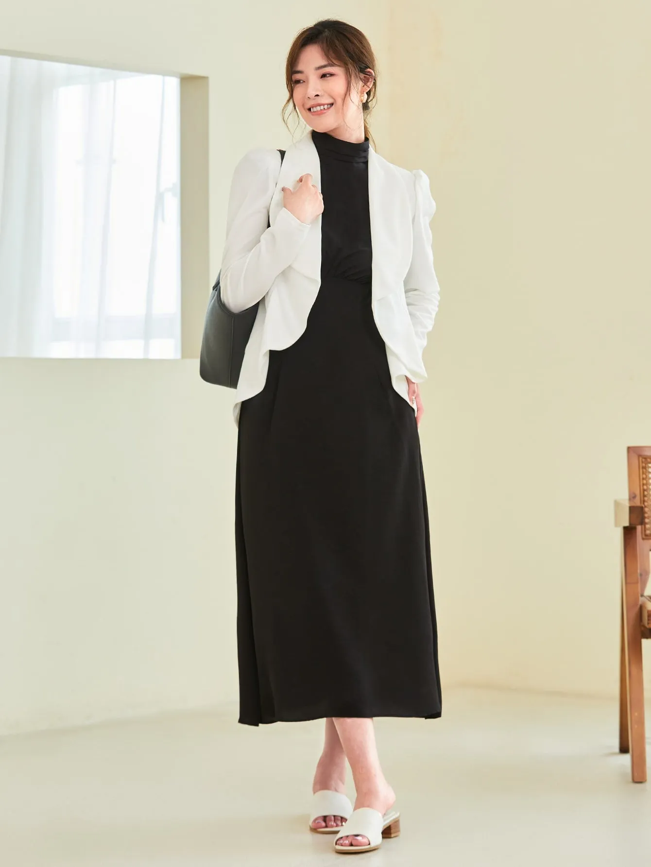 Shawl Collar Puff Sleeve Asymmetrical Hem Blazer