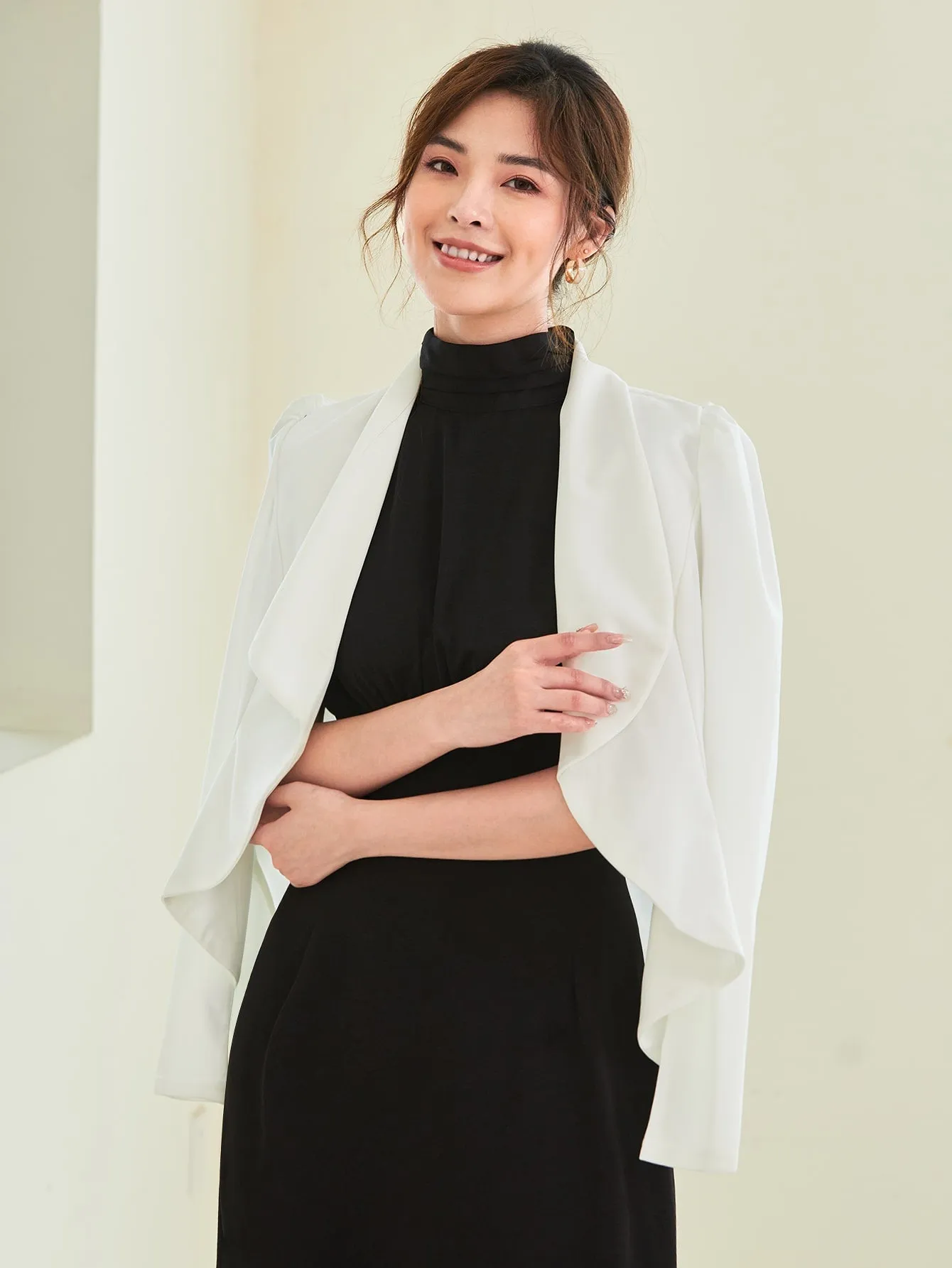 Shawl Collar Puff Sleeve Asymmetrical Hem Blazer