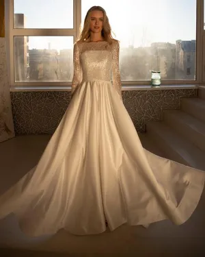 Sheer Full Sleeve Wedding Dresses Sequins 2019 Elegant A-line Satin Bridal Wedding Gown