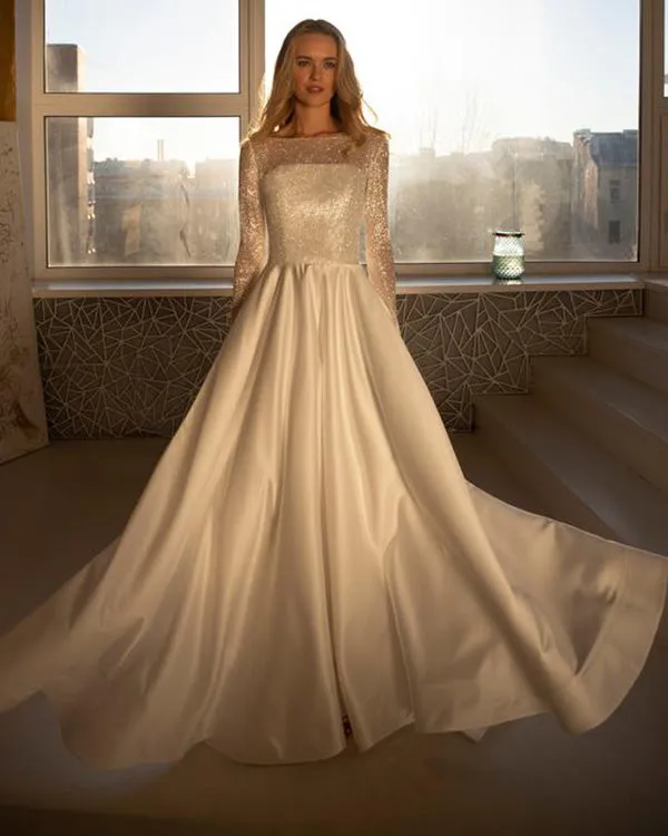 Sheer Full Sleeve Wedding Dresses Sequins 2019 Elegant A-line Satin Bridal Wedding Gown
