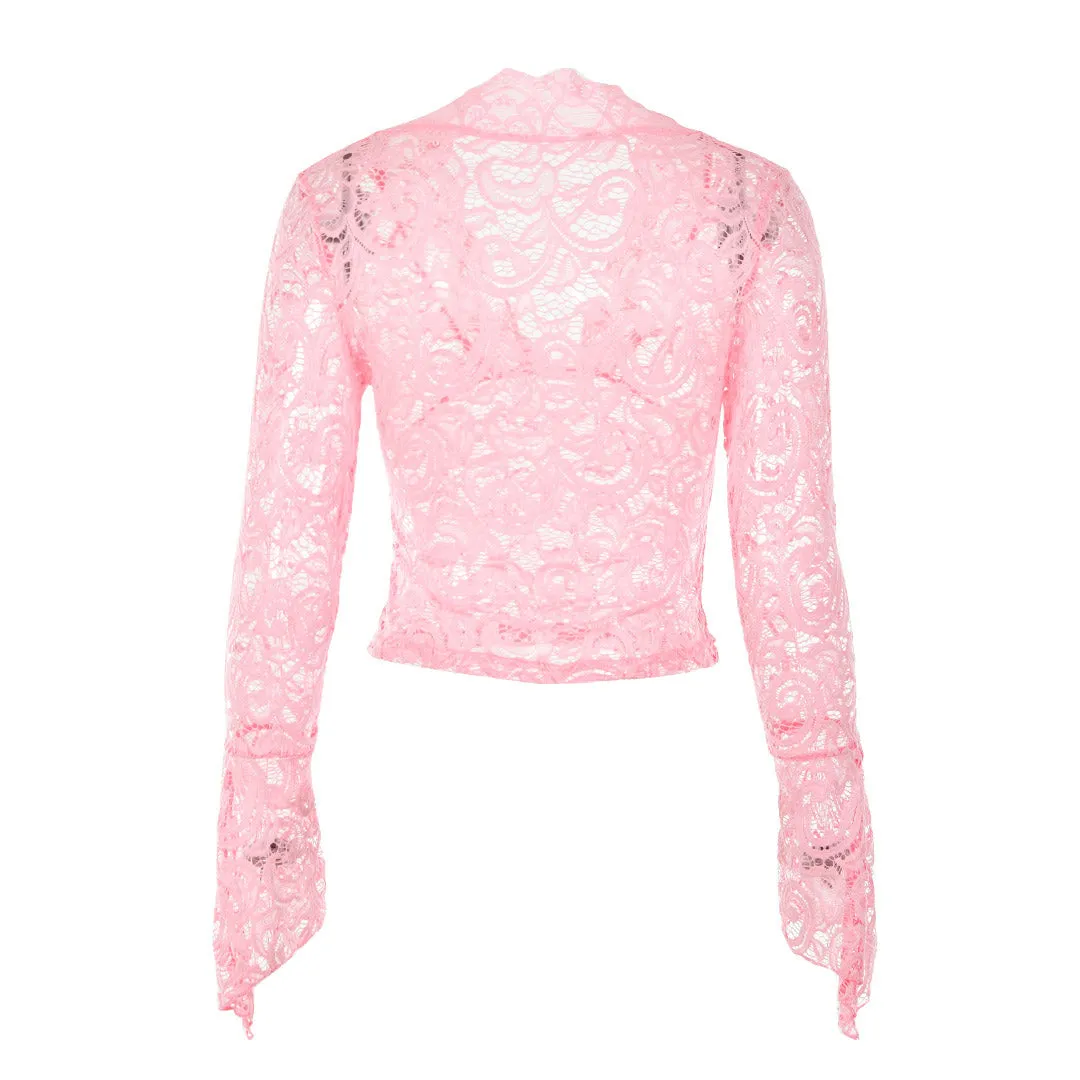 Sheer V Neck Flared Sleeve Lace Crop Top - Pink