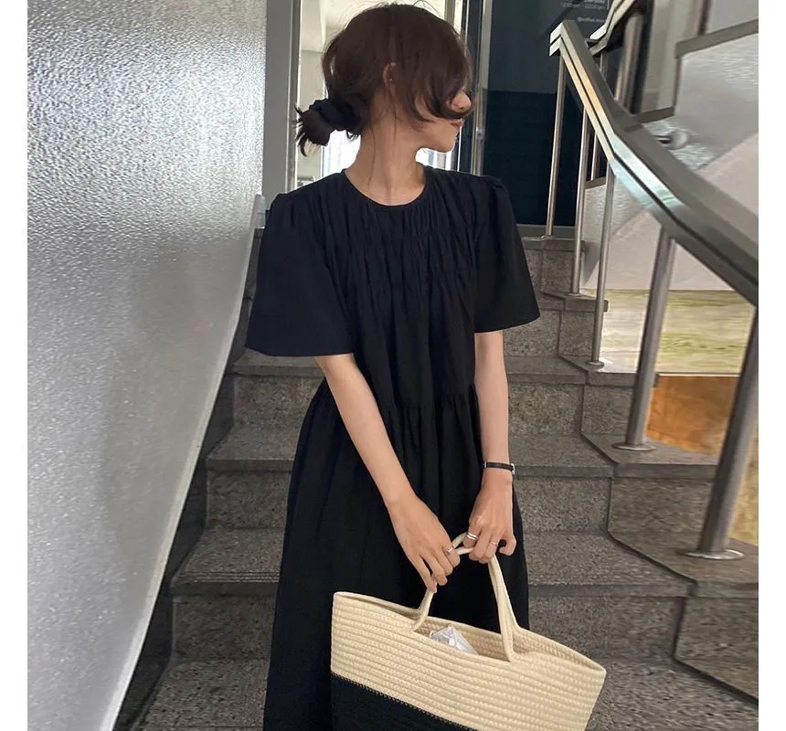Short-Sleeve Crew Neck Plain Midi A-Line Dress