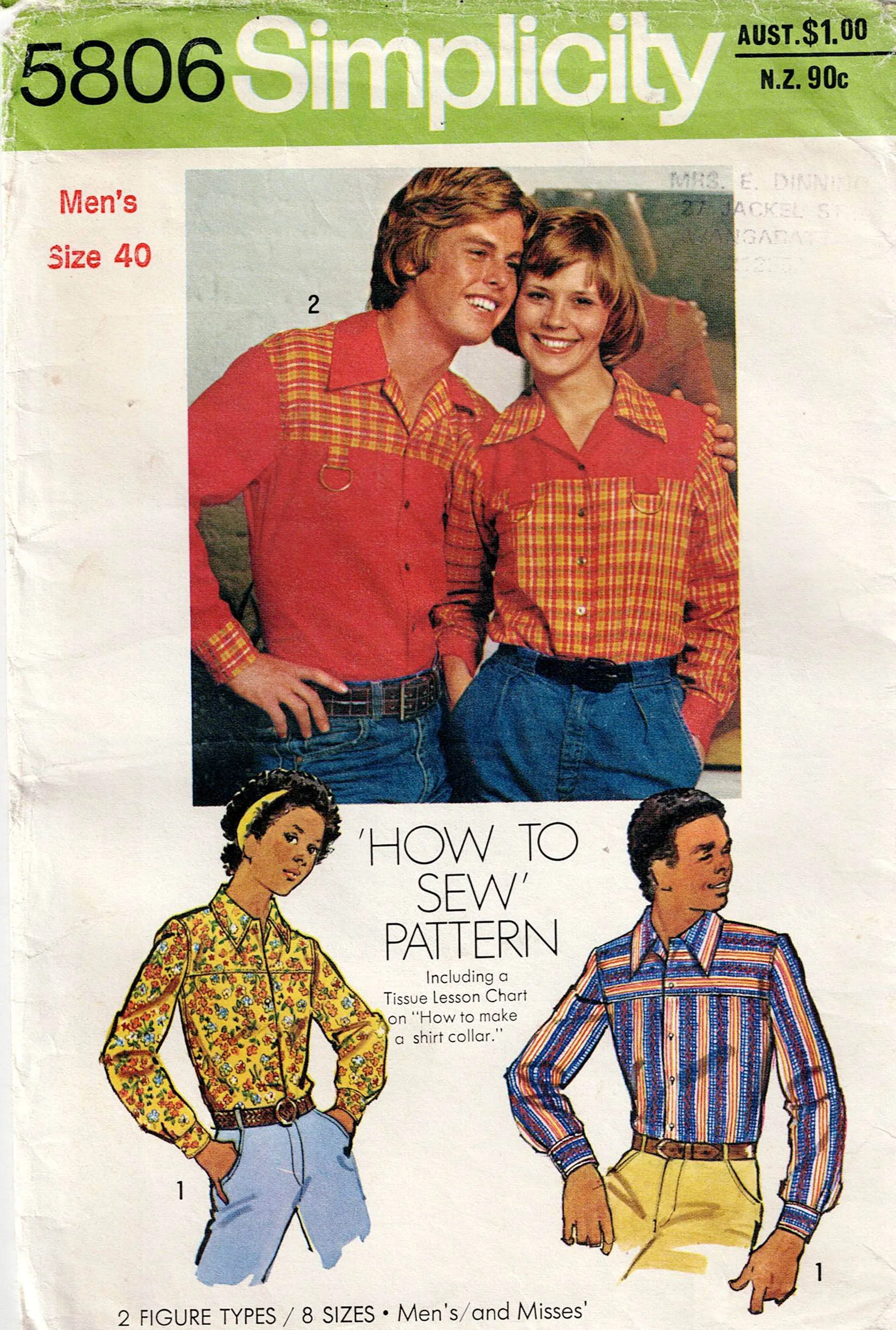 Simplicity 5806 Mens Retro Western Shirt 1970s Vintage Sewing Pattern Chest 40 inches UNCUT Factory Folded