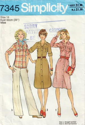 Simplicity 7345 Womens Shirt or Shirtdress 1970s Vintage Sewing Pattern Size 14 Bust 36 Inches