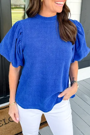 Sky Blue Solid Textured Puff Sleeve Mock Neck Blouse
