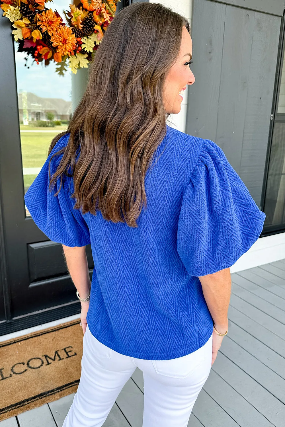 Sky Blue Solid Textured Puff Sleeve Mock Neck Blouse