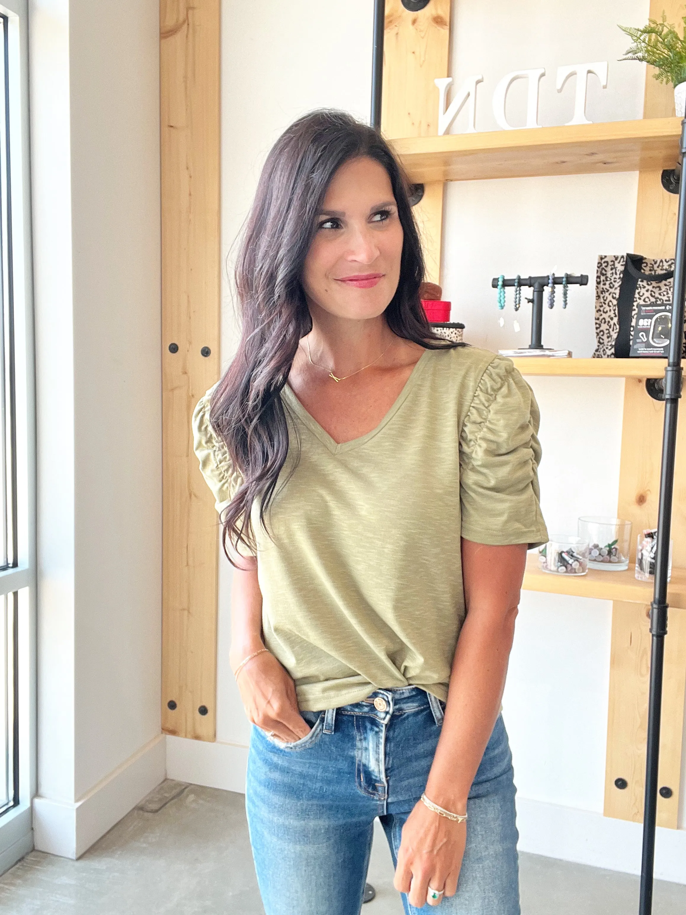 Slub Knit Puff Sleeve Top in Light Olive
