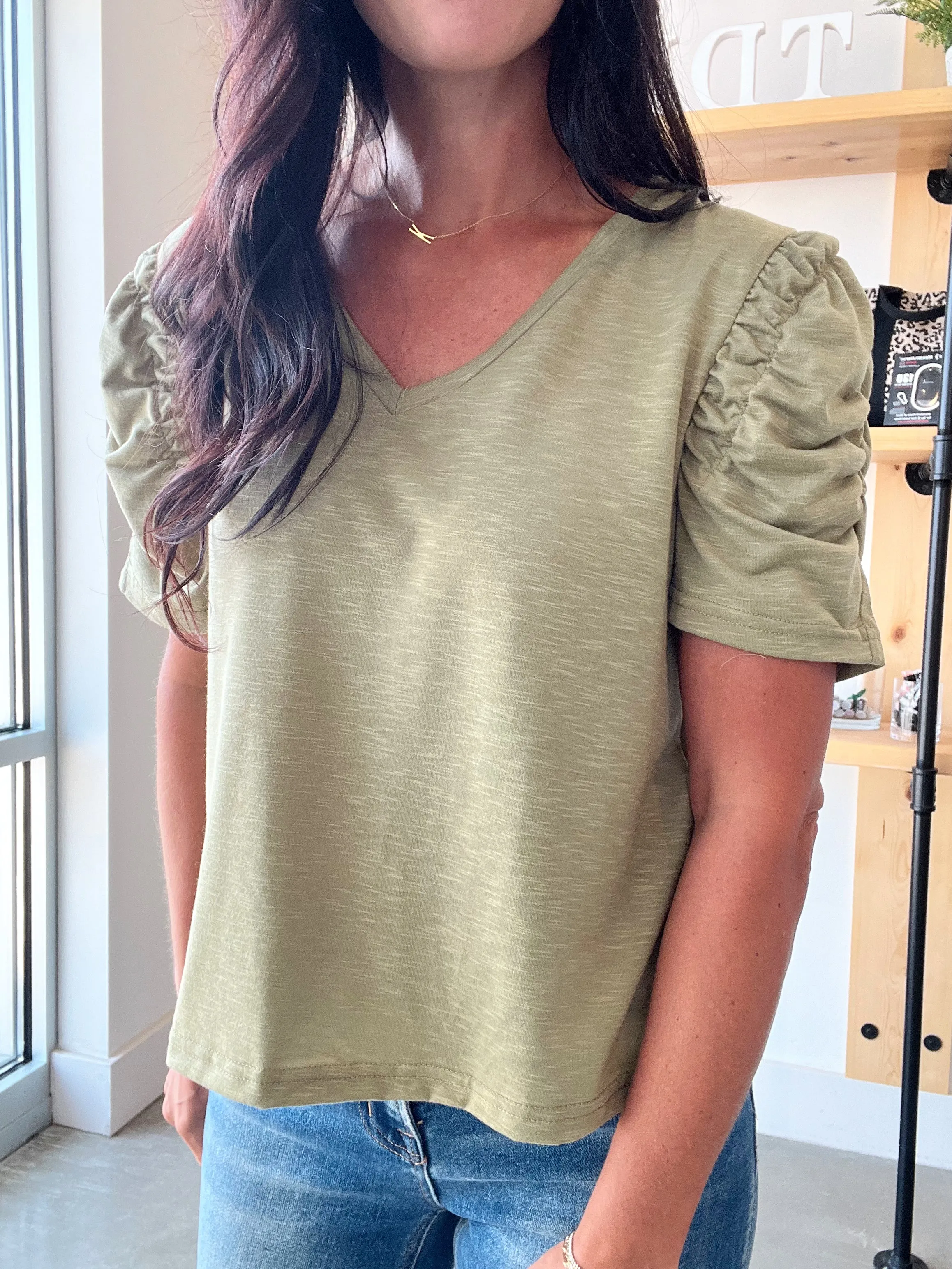 Slub Knit Puff Sleeve Top in Light Olive