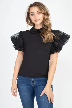 Solid Lace Puff Sleeves Top