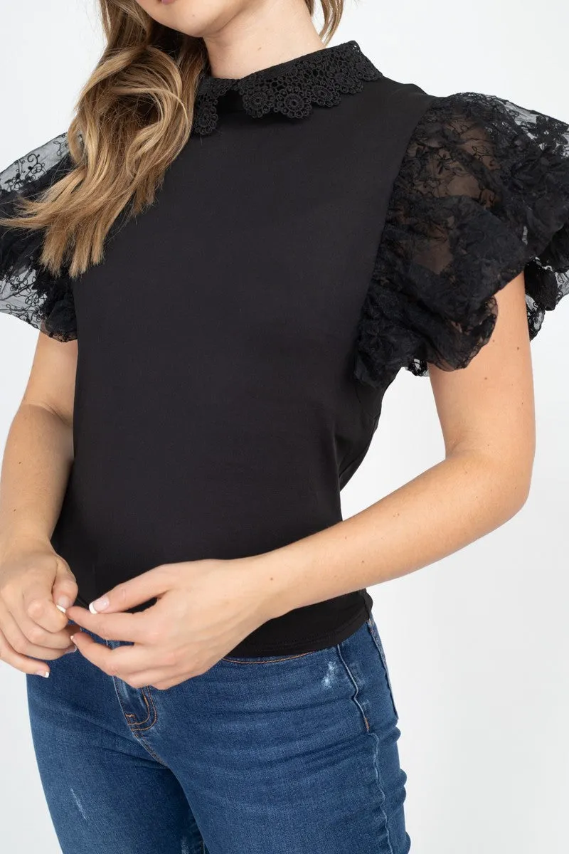 Solid Lace Puff Sleeves Top
