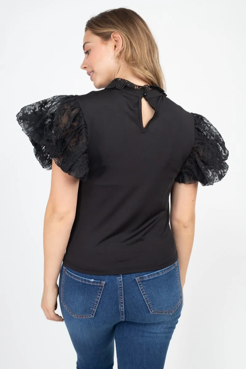 Solid Lace Puff Sleeves Top