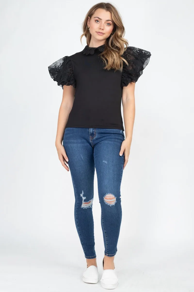 Solid Lace Puff Sleeves Top