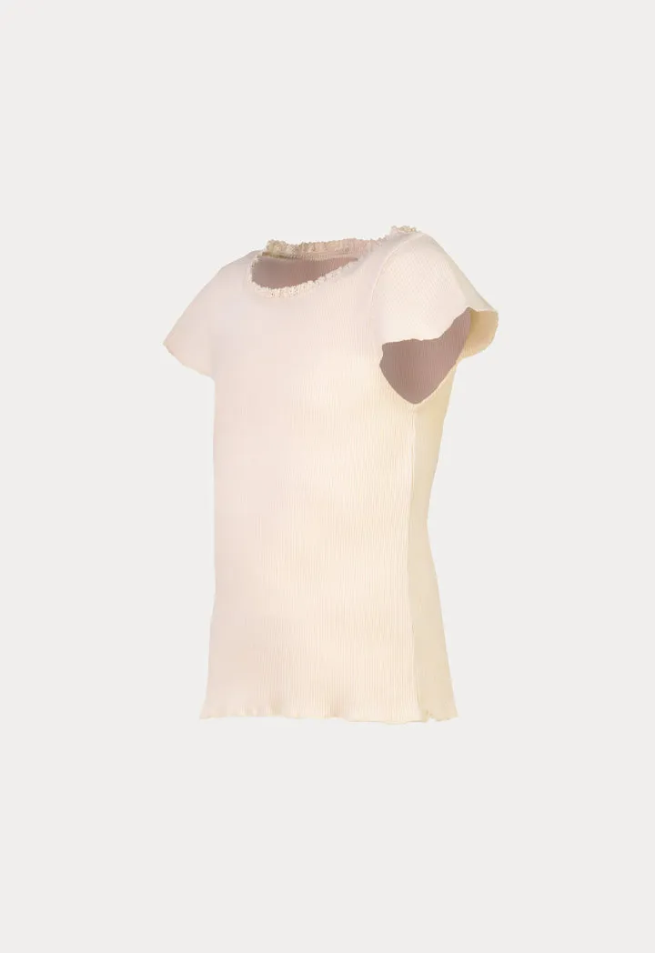 Solid Lace Trim Cap Rib Blouse