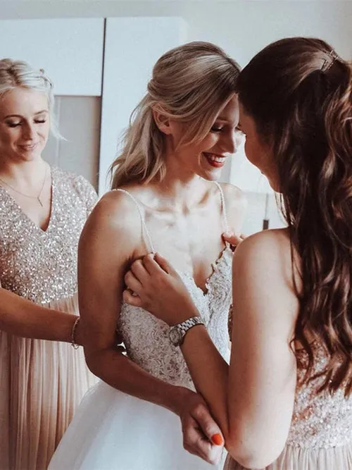 Spaghetti Straps Shining Tulle Beaded Appliqued A-line Wedding Dresses,MW338
