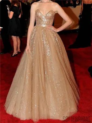 Sparkly A-line Floor-length Sweetheart Long Tulle Prom Dresses, PD0028