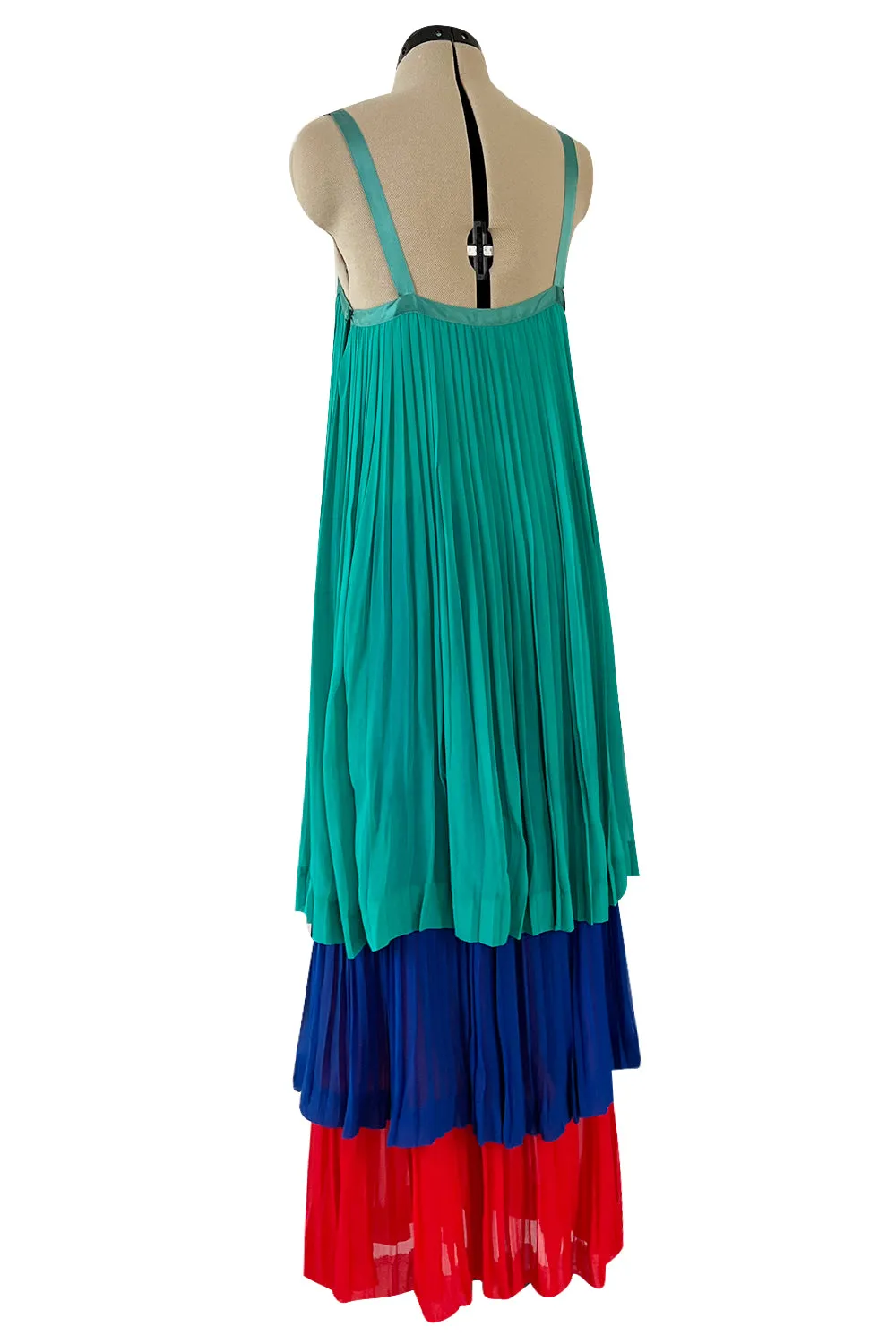 Spectacular Spring 1979 Yves Saint Laurent Silk Chiffon Pleat Dress In Green Blue & Red