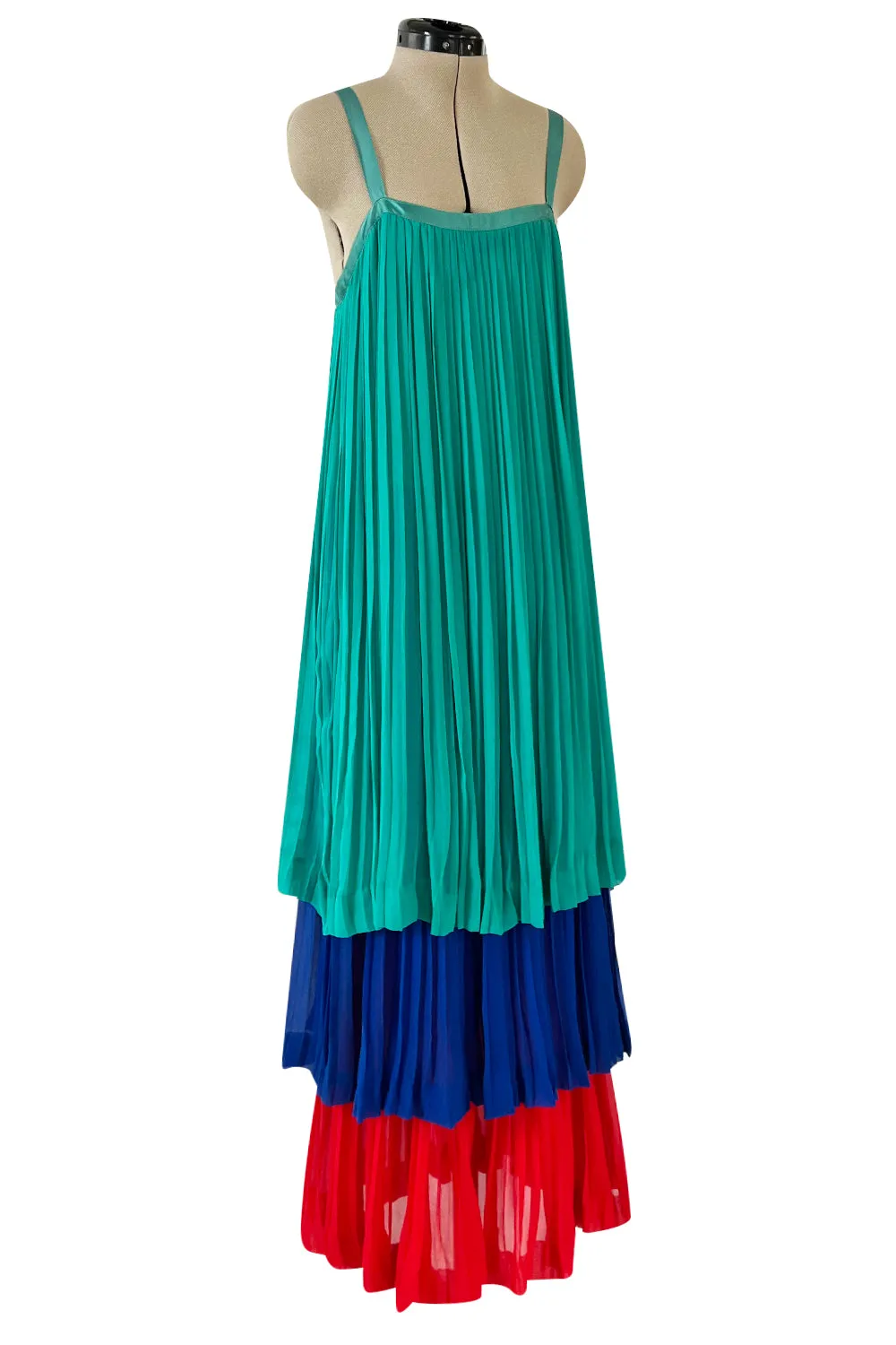 Spectacular Spring 1979 Yves Saint Laurent Silk Chiffon Pleat Dress In Green Blue & Red