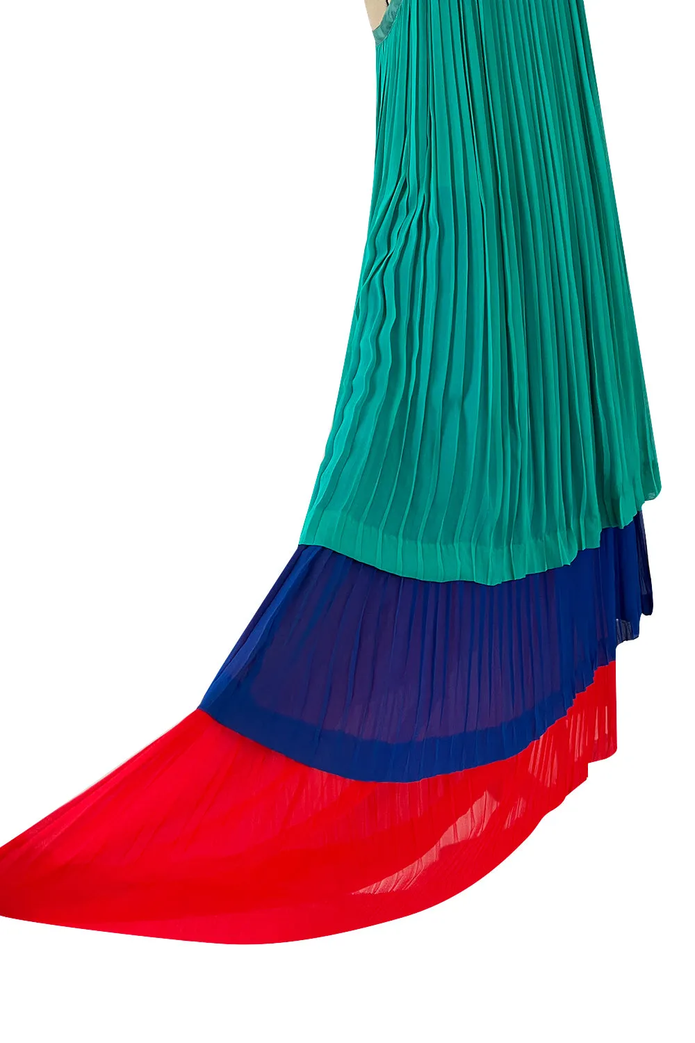 Spectacular Spring 1979 Yves Saint Laurent Silk Chiffon Pleat Dress In Green Blue & Red