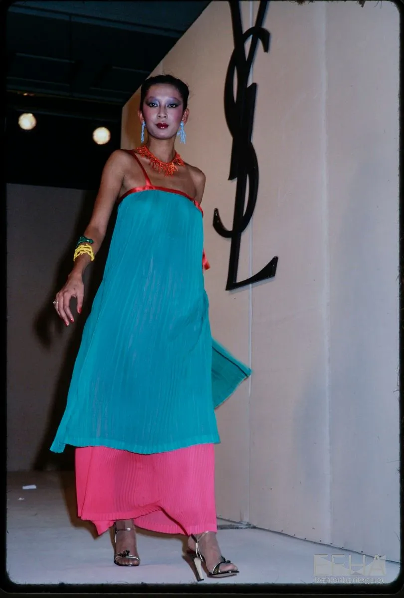 Spectacular Spring 1979 Yves Saint Laurent Silk Chiffon Pleat Dress In Green Blue & Red