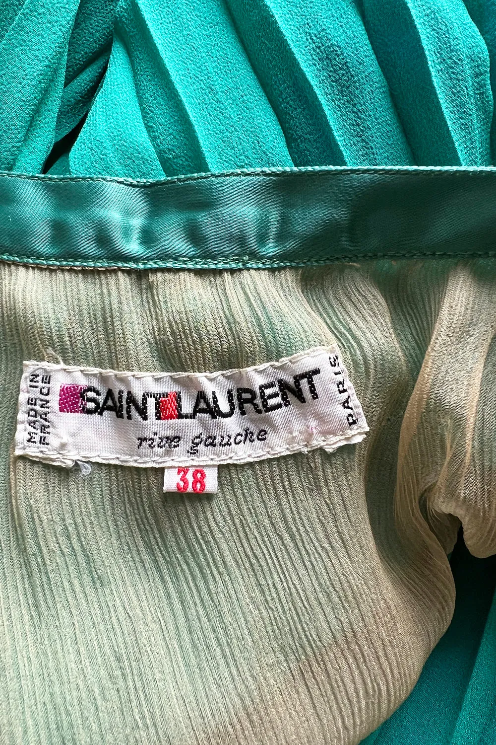 Spectacular Spring 1979 Yves Saint Laurent Silk Chiffon Pleat Dress In Green Blue & Red
