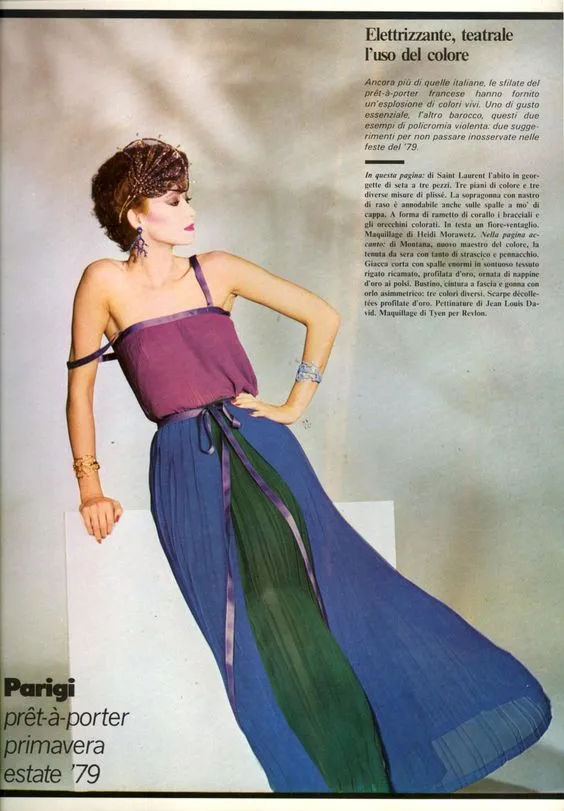 Spectacular Spring 1979 Yves Saint Laurent Silk Chiffon Pleat Dress In Green Blue & Red