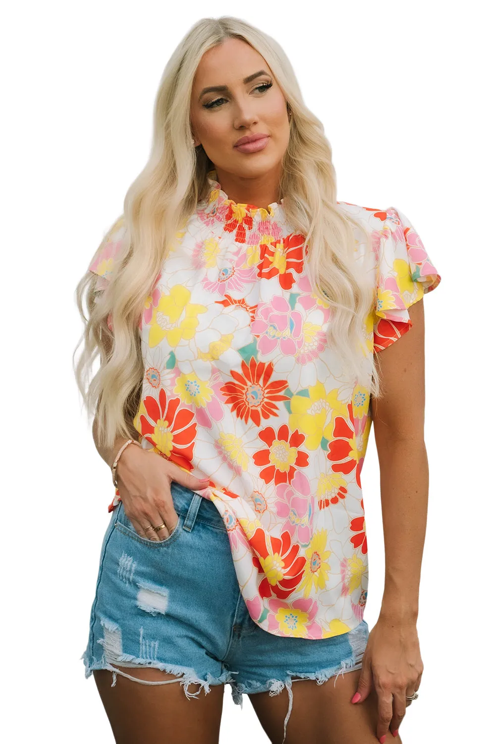 Stand Collar Flutter Floral Top