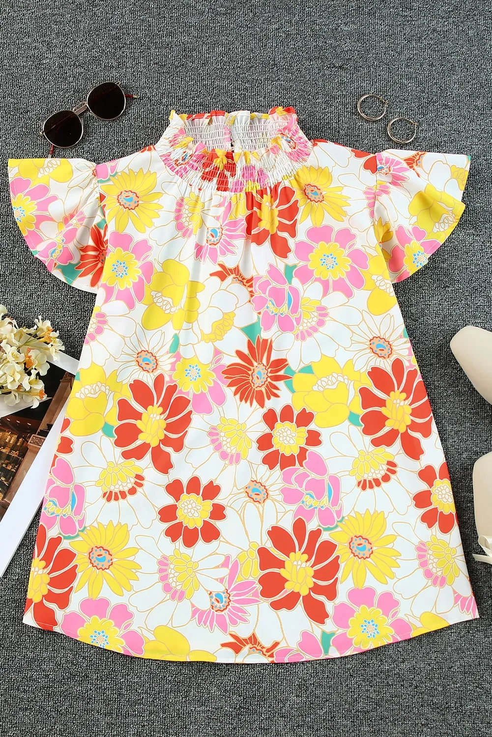 Stand Collar Flutter Floral Top