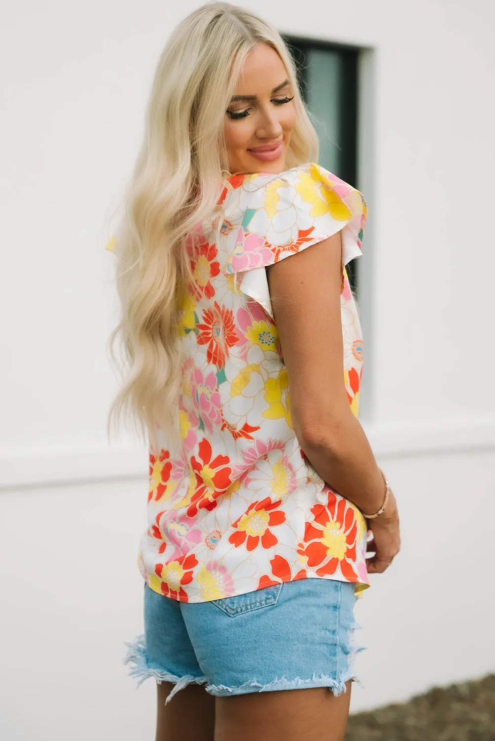Stand Collar Flutter Floral Top