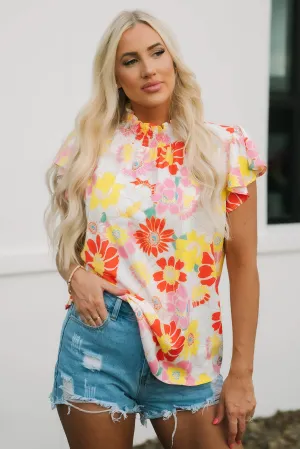 Stand Collar Flutter Floral Top