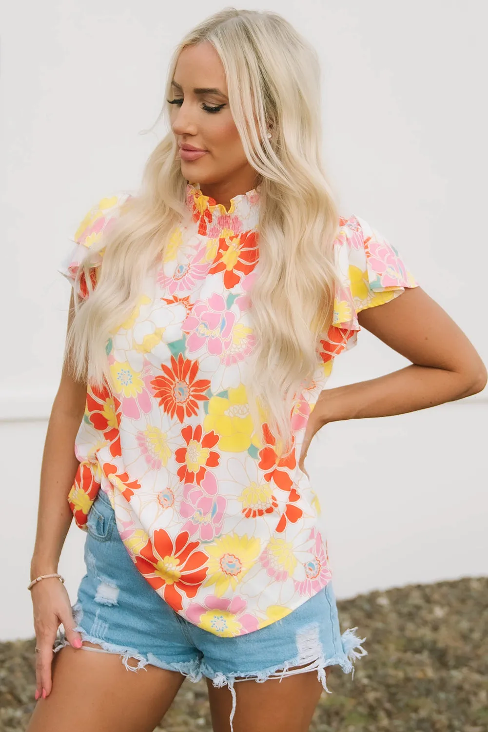 Stand Collar Flutter Floral Top