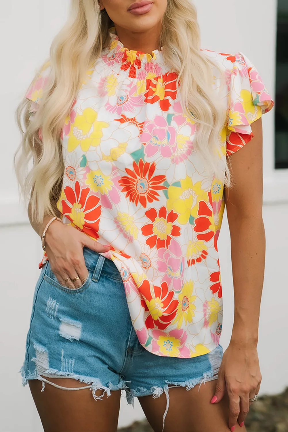 Stand Collar Flutter Floral Top