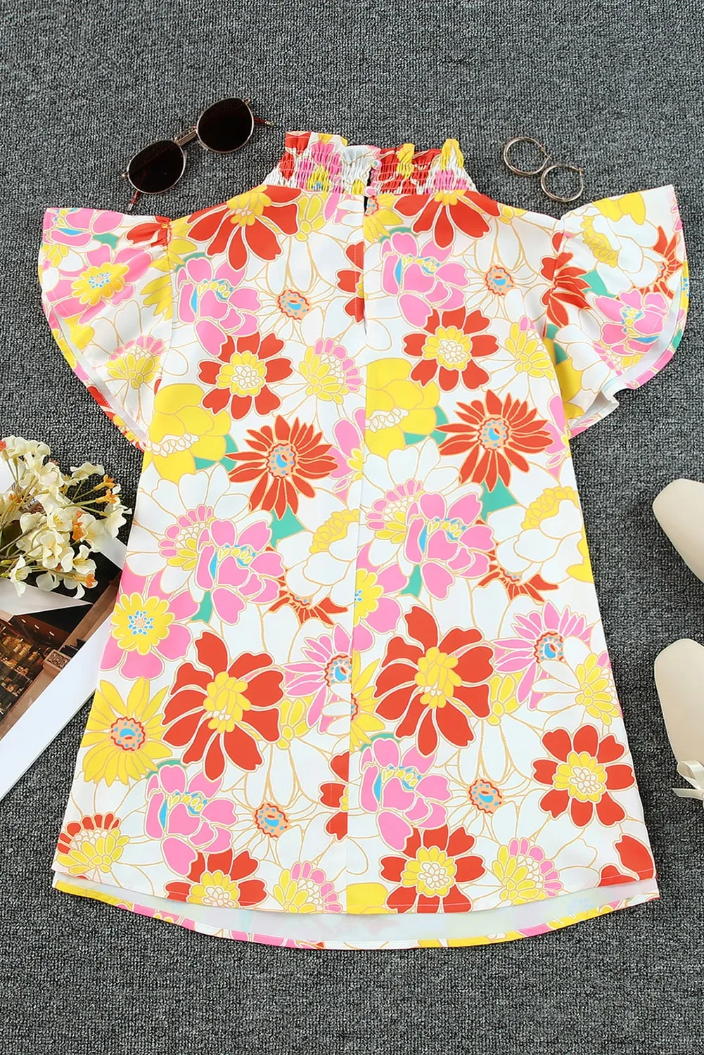 Stand Collar Flutter Floral Top