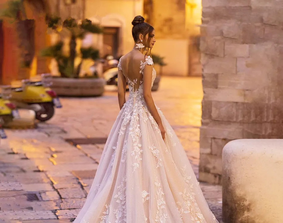 Stunning Backless Wedding Dress With A-line Bodice Cap Sleeves And 3D Appliques Features Tulle And Lace Beading On Plush Skirt