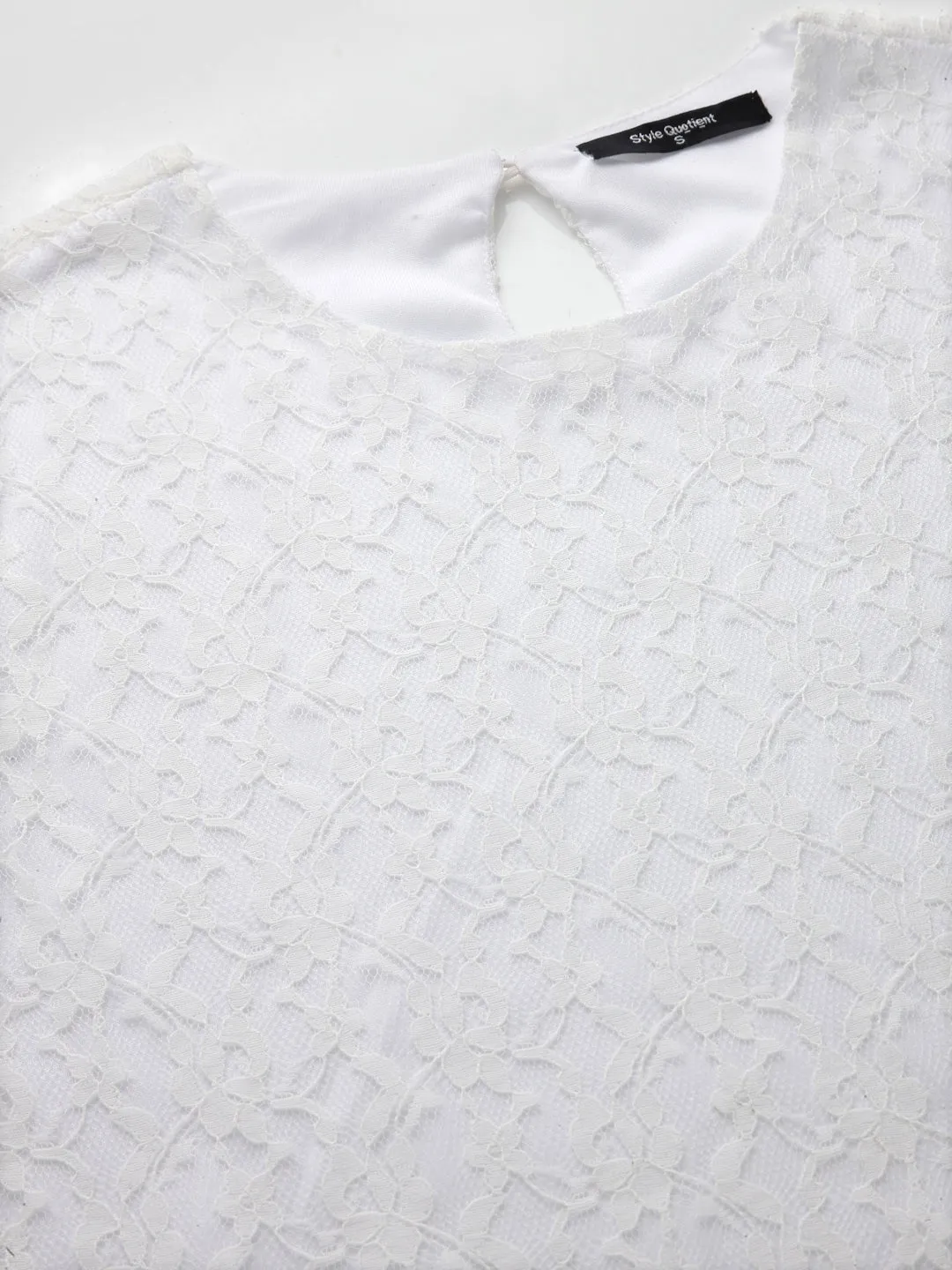 Style Quotient Women White Self Design Cotton Lace Regular Smart Casual Top