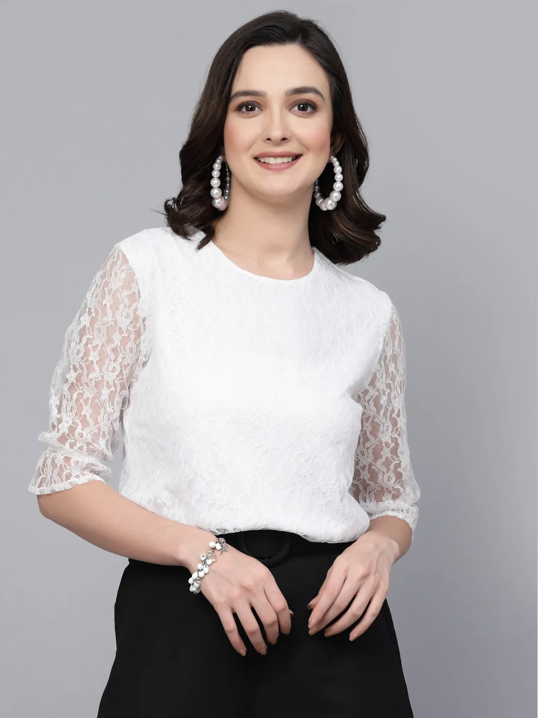 Style Quotient Women White Self Design Cotton Lace Regular Smart Casual Top